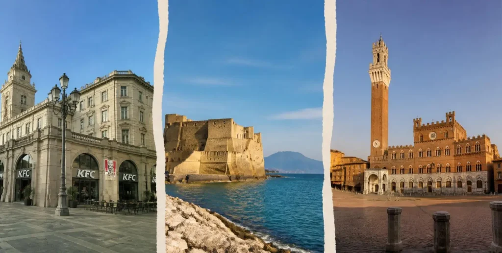 Collage storico di KFC con immagini dei ristoranti in Italia