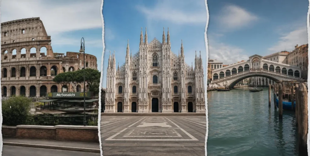 Collage storico di McDonald’s con immagini dei ristoranti in Italia