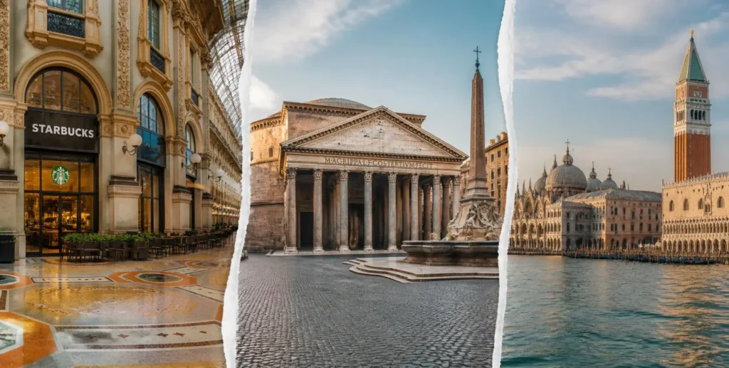 Collage storico di Starbucks con immagini dei ristoranti in Italia
