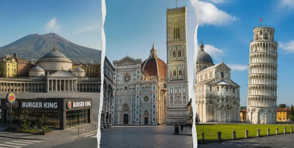 Collage storico di tre ristoranti famosi in Italia