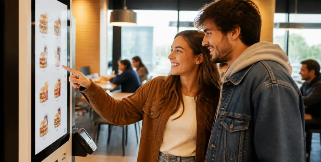Giovane coppia sceglie le offerte McDonald’s davanti a uno schermo digitale